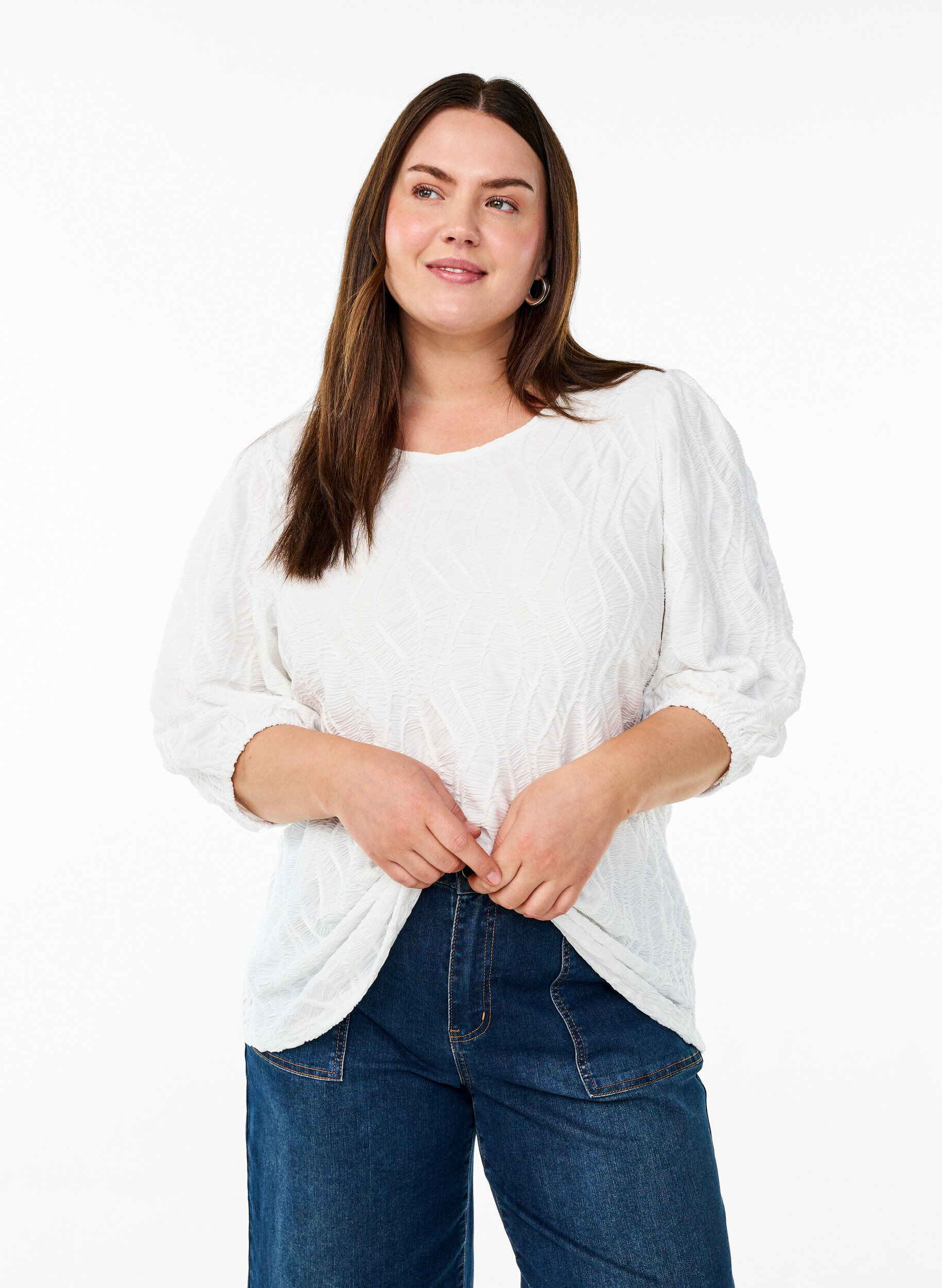 ZizziBluse med tekstur og 3/4 &aelig;rmer, Hvid, Model image number 0