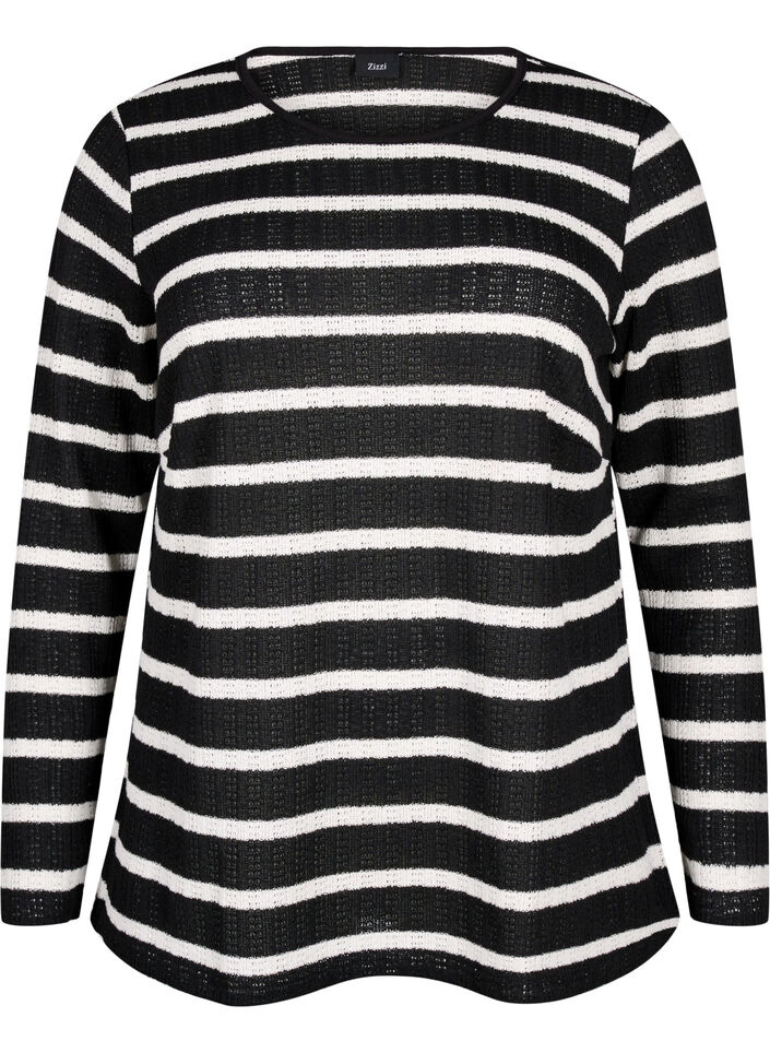 Bluse med striber og lange ærmer, Black Sand Stripe, Packshot image number 0