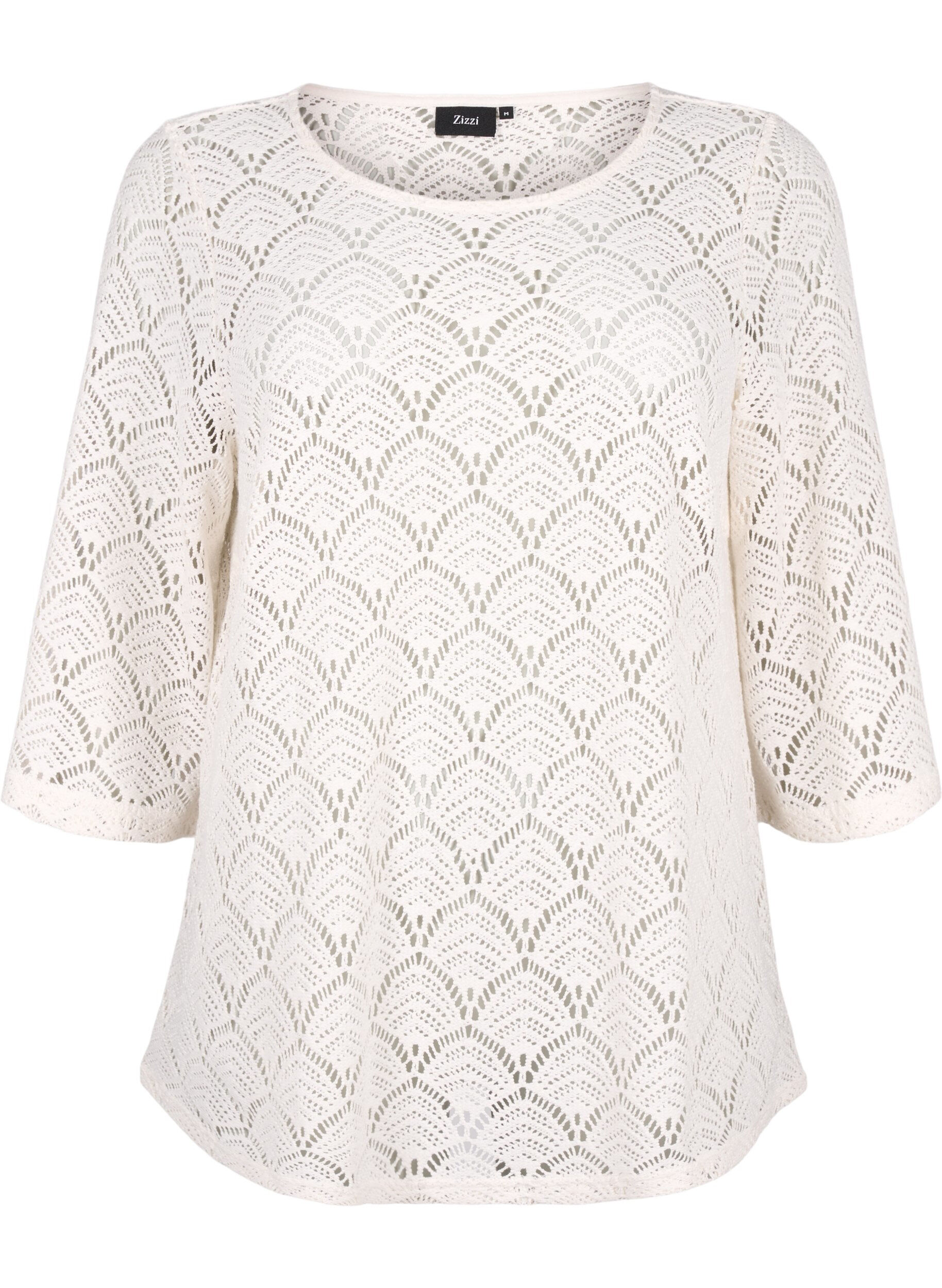 Zizzi Crochet bluse med 3/4 &aelig;rmer, Sandshell, Packshot image number 0