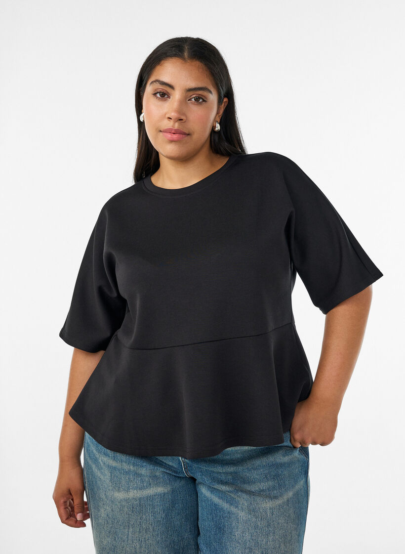 Peplumbluse med albuelange &aelig;rmer, Sort, Model image number 0