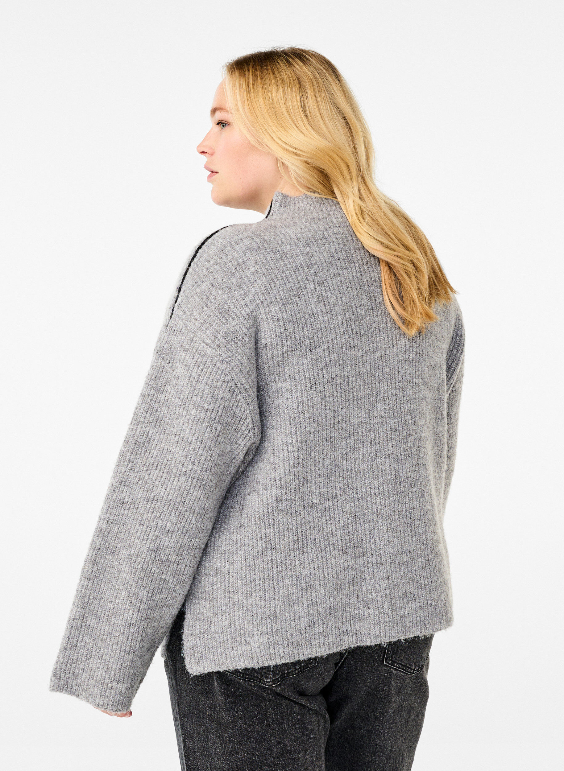 Zizzi Strikbluse med uld og kontrast striber, Medium Grey Melange, Model image number 1