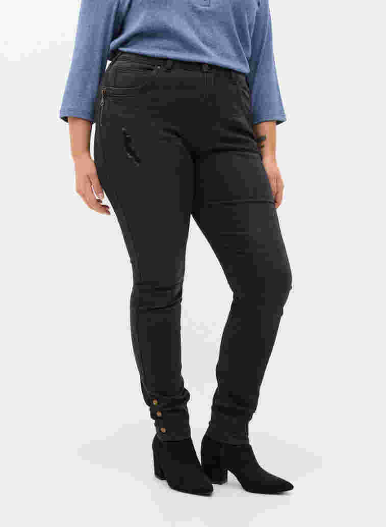 Super slim Amy jeans med slid og knapper, Grey Denim, Model image number 2