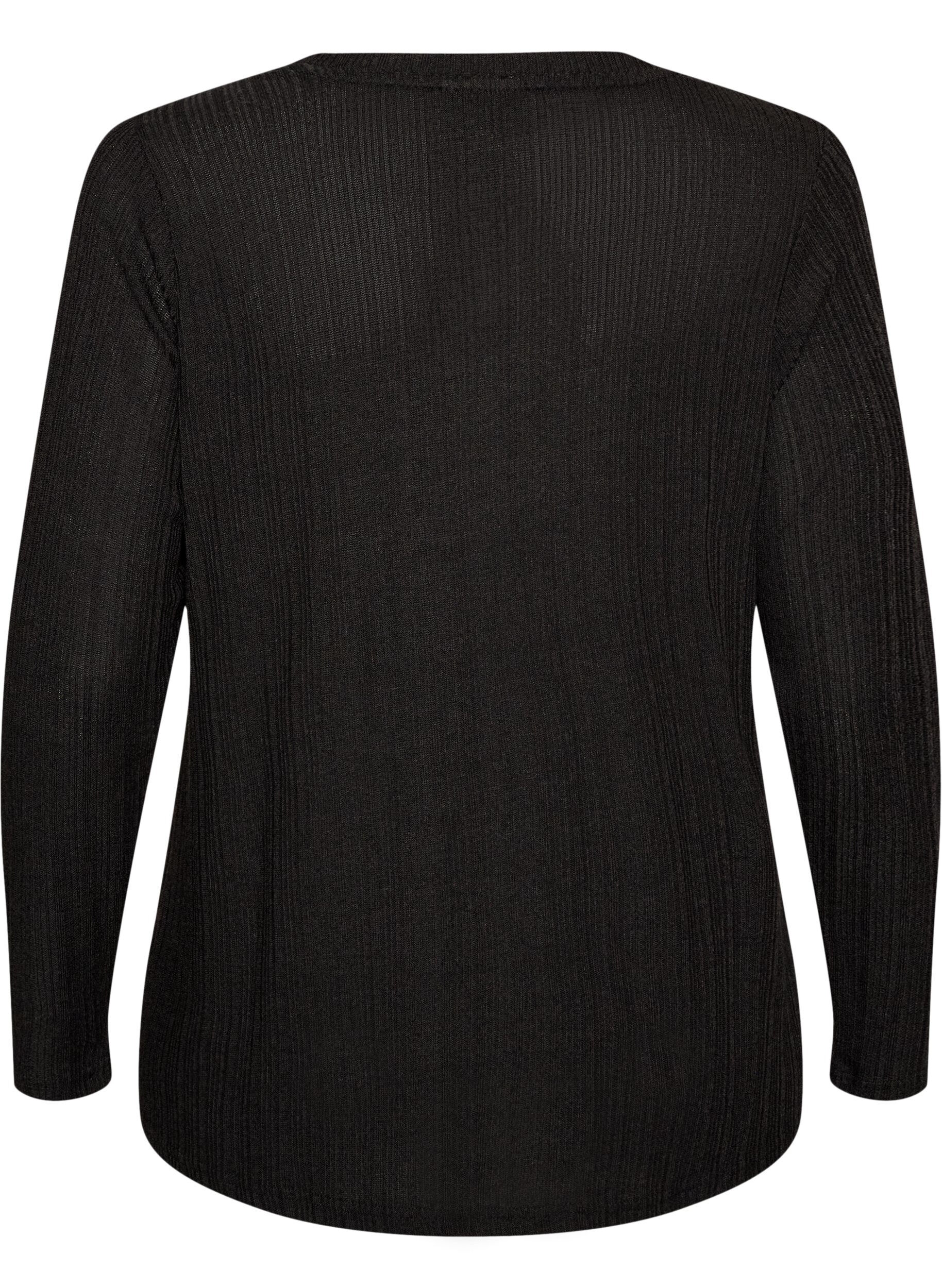 ZizziJerseybluse med ribstruktur og lange &aelig;rmer , Sort, Packshot image number 1