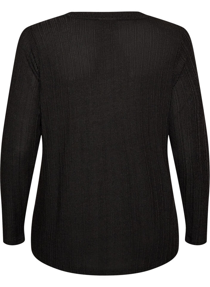 Jerseybluse med ribstruktur og lange &aelig;rmer , Sort, Packshot image number 1