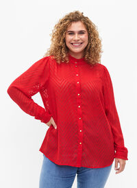 Skjortebluse med flæser og mønstret tekstur, Tango Red, Model