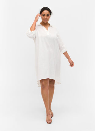 Stribet kjole i bomuld og hør, White, Model image number 2