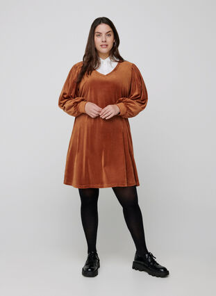 Velour kjole med lange pufærmer, Brown ASS, Model image number 2