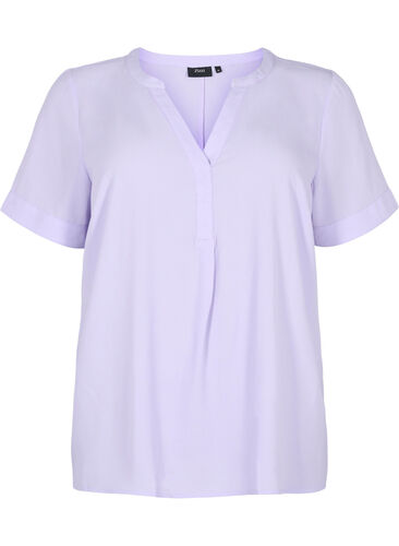 Kortærmet bluse med v-udskæring, Lavender, Packshot image number 0