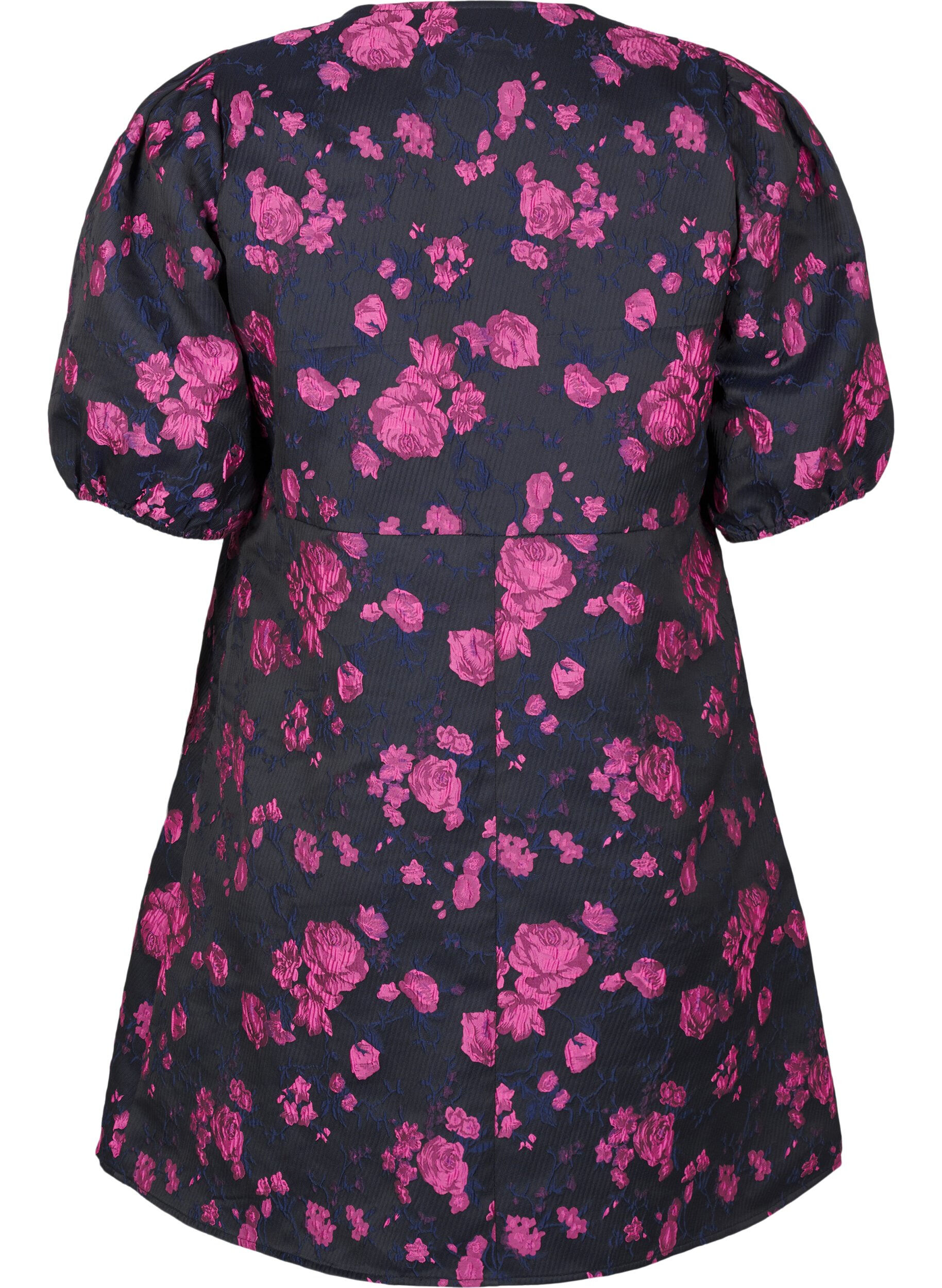 Zizzi Kort jacquard kjole med wraplook, Black w. Red Rose, Packshot image number 1