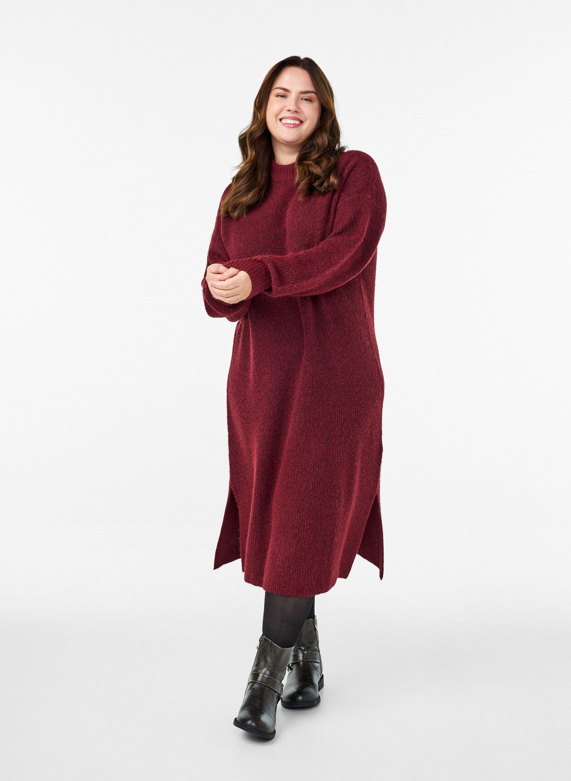 Lang strikkjole med h&oslash;j hals, R&oslash;d, Model