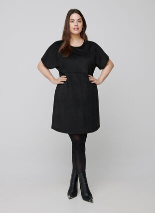 Kortærmet kjole i imiteret ruskind, Black, Model image number 2
