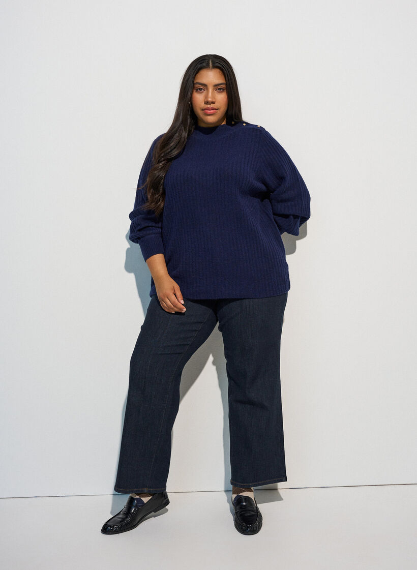 Ribstrikket sweater med ballon&aelig;rmer og knapper, Bl&aring;, Model image number 1