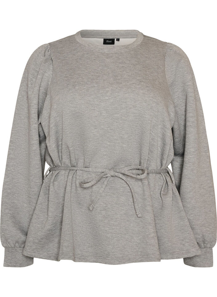 Bluse med bindeb&aring;nd og puf&aelig;rmer, Gr&aring;, Packshot image number 0