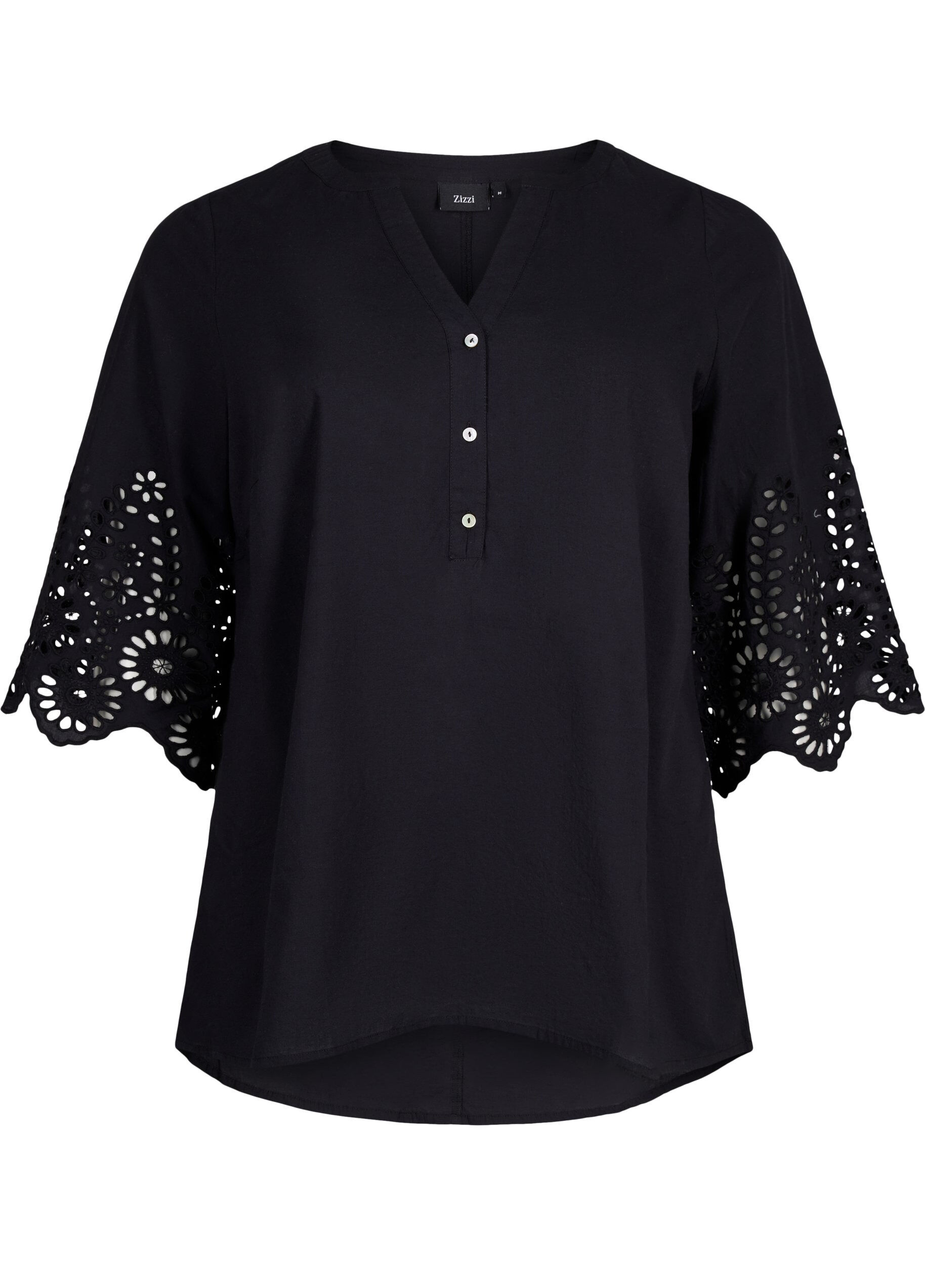 Zizzi Skjortebluse med broderi anglaise og 3/4 &aelig;rmer , Black, Packshot image number 0