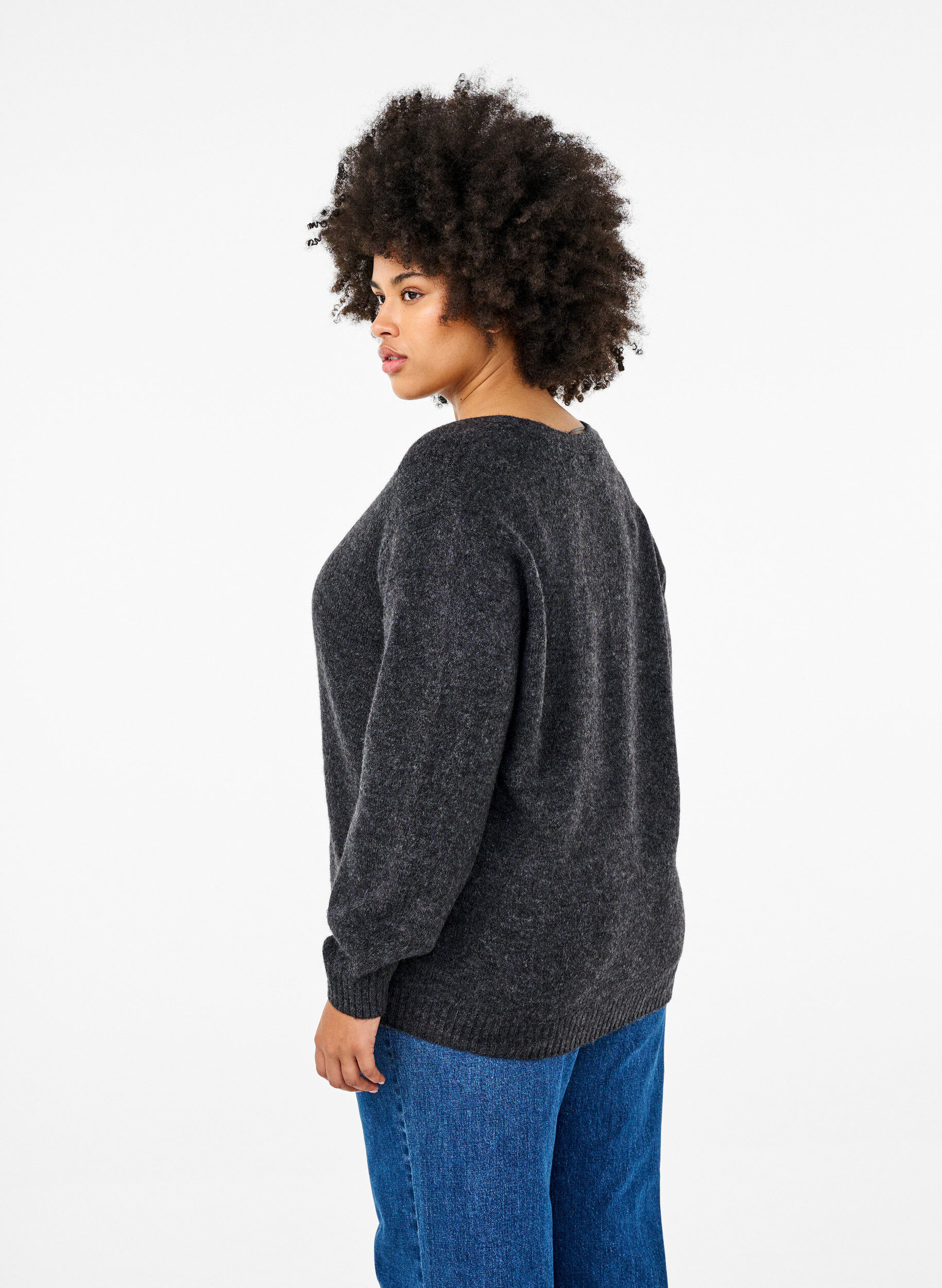 Zizzi Kort strikcardigan med blomsterknapper, Dark Grey Melange, Model image number 1