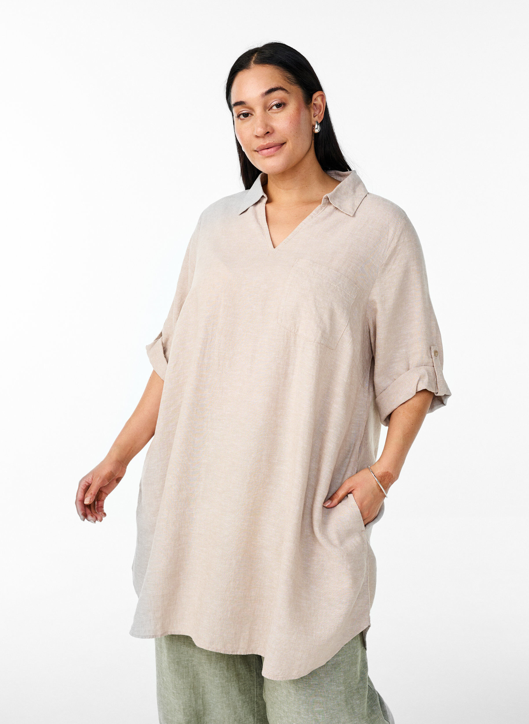 Tunika i h&oslash;r og viskose med A-facon, Beige, Model