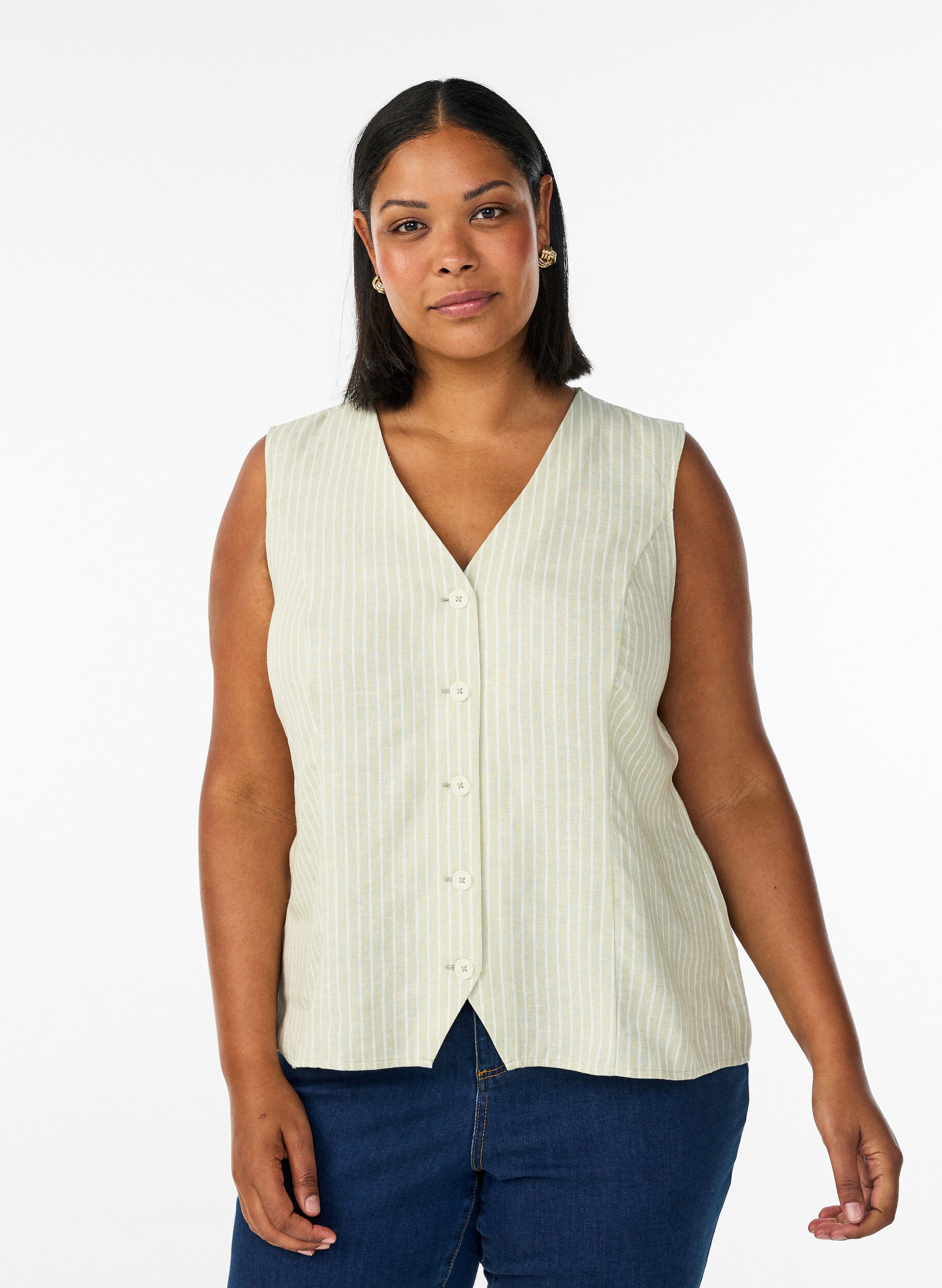 Stribet vest i h&oslash;r og viskose, Gr&oslash;n, Model