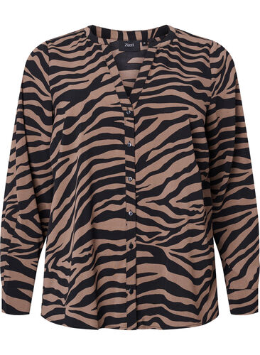 V-hals skjorte med zebraprint, Black/Brown Zebra, Packshot image number 0