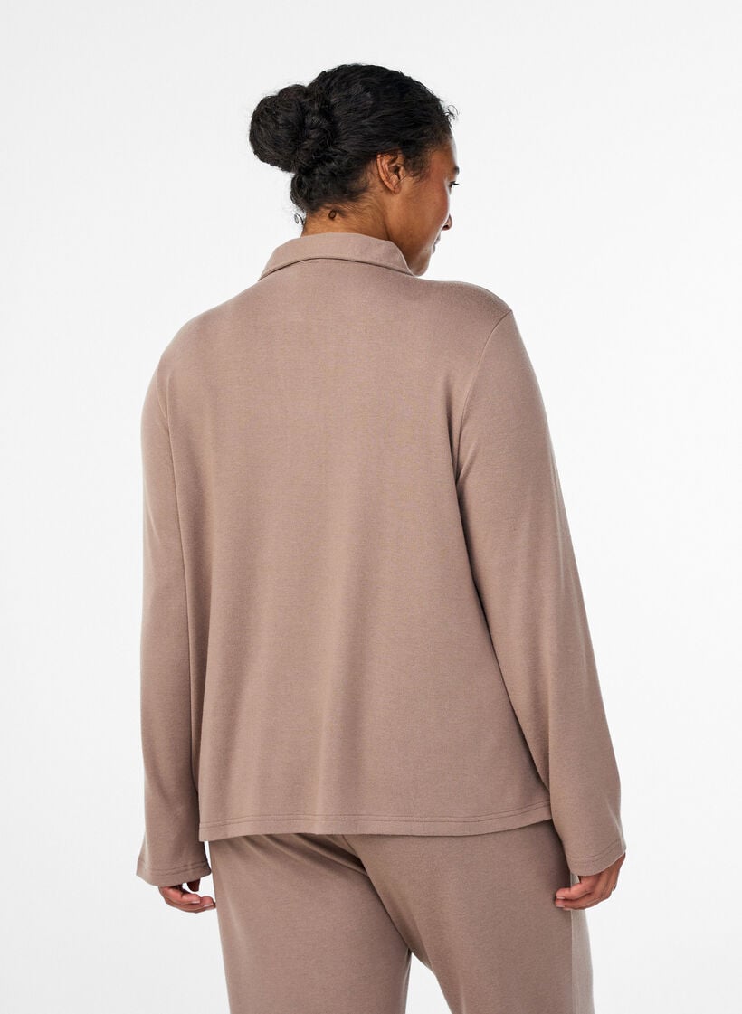 Lang&aelig;rmet jerseybluse med krave, Brun, Model image number 2