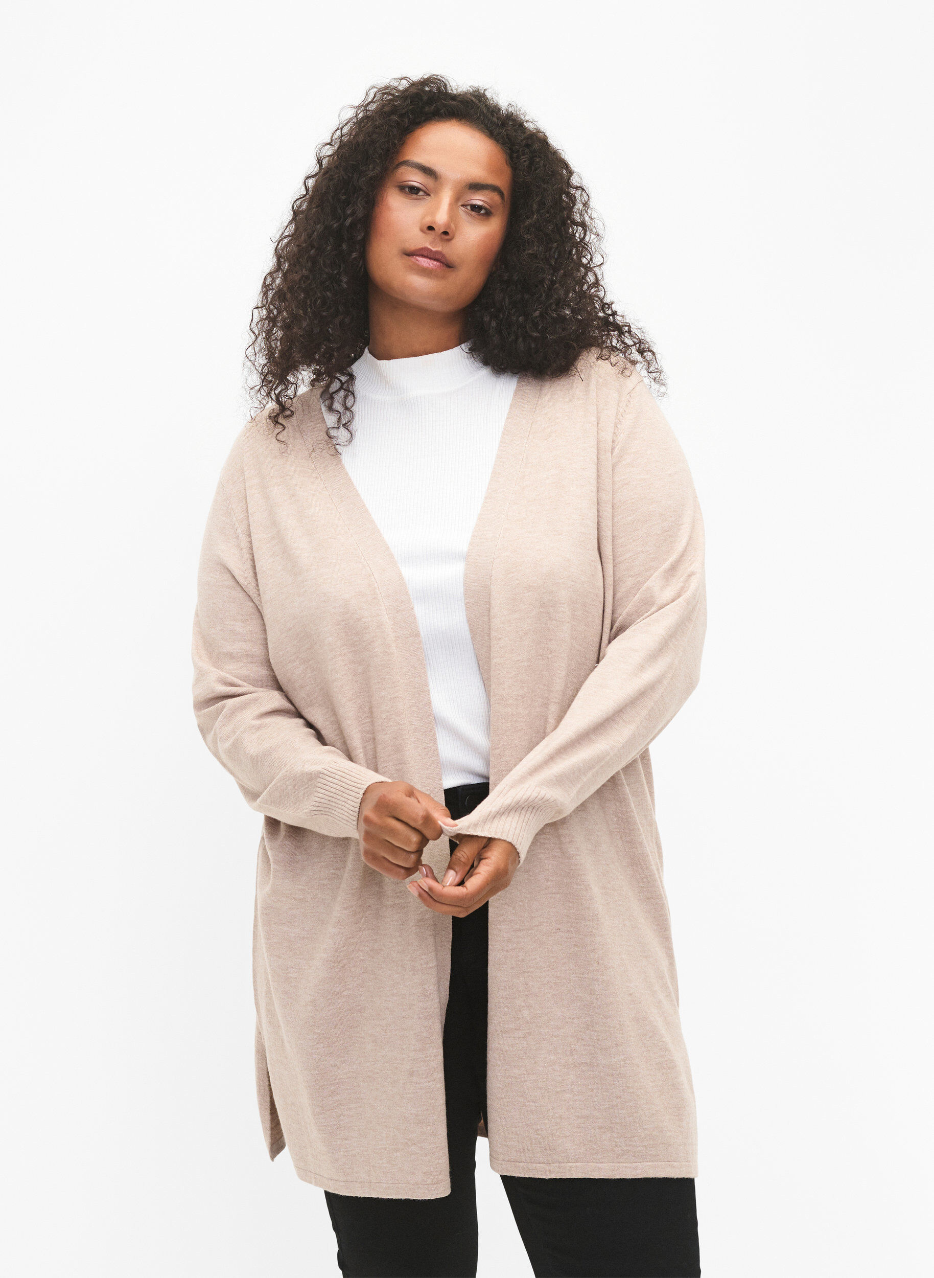 Zizzi Strikket cardigan med slids og rib, Simply Taupe Mel., Model image number 0