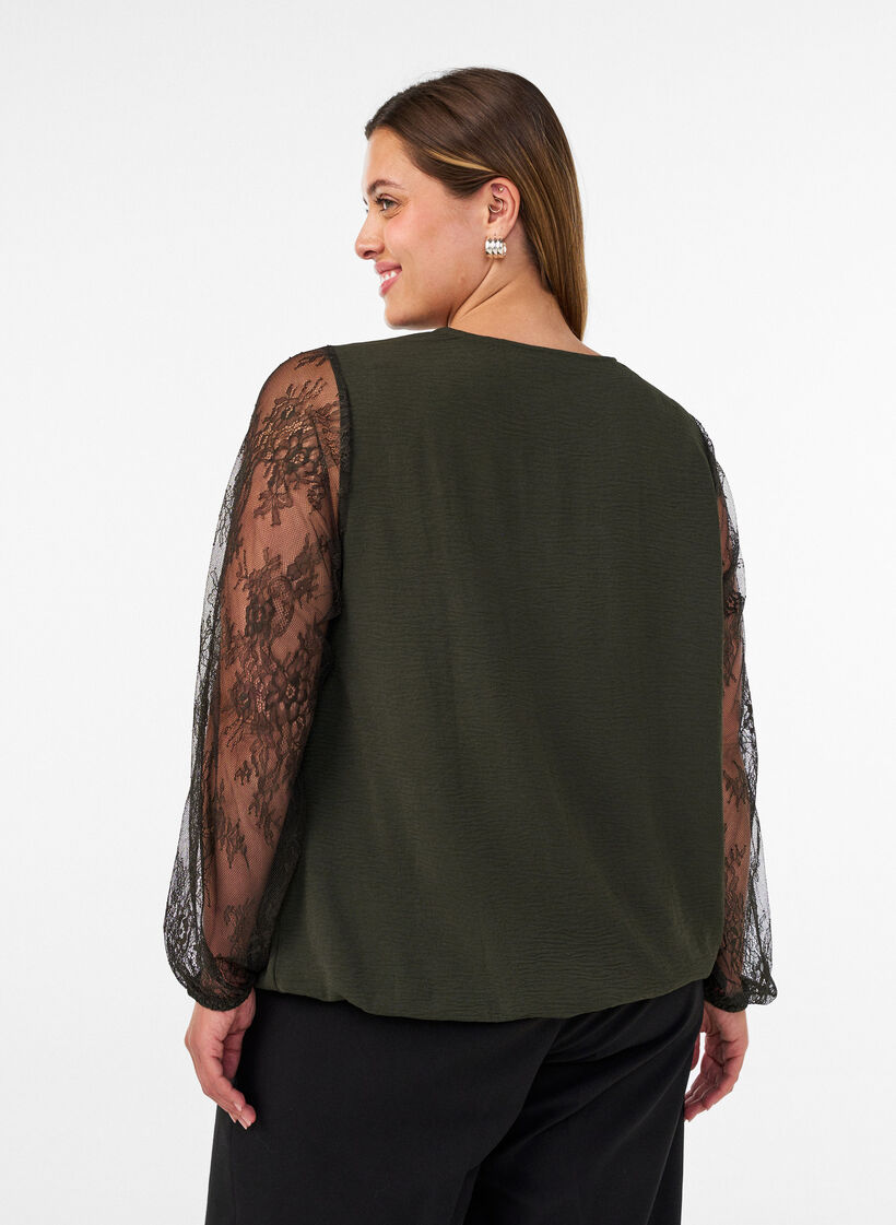 Bluse med blonde&aelig;rmer og ballonform, Gr&oslash;n, Model image number 2