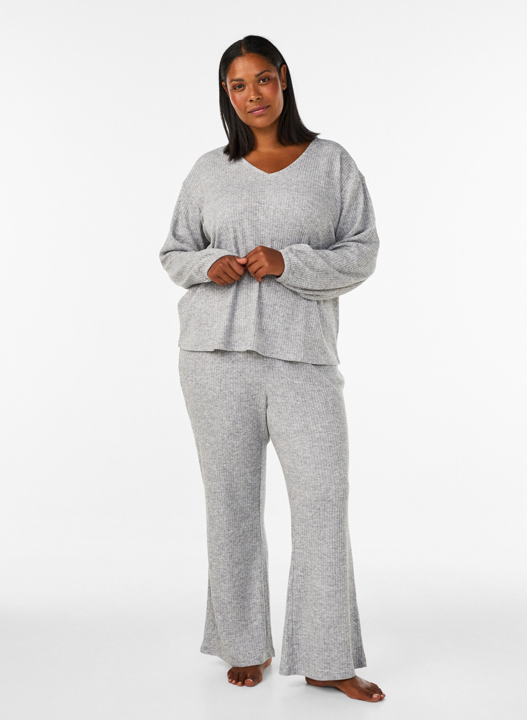ZizziJerseybukser med ribstruktur og flare, Gr&aring;, Model image number 0