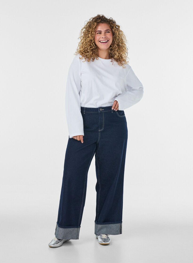 Wide fit jeans med brede opsm&oslash;g og kontraststikninger, Bl&aring;, Model image number 0