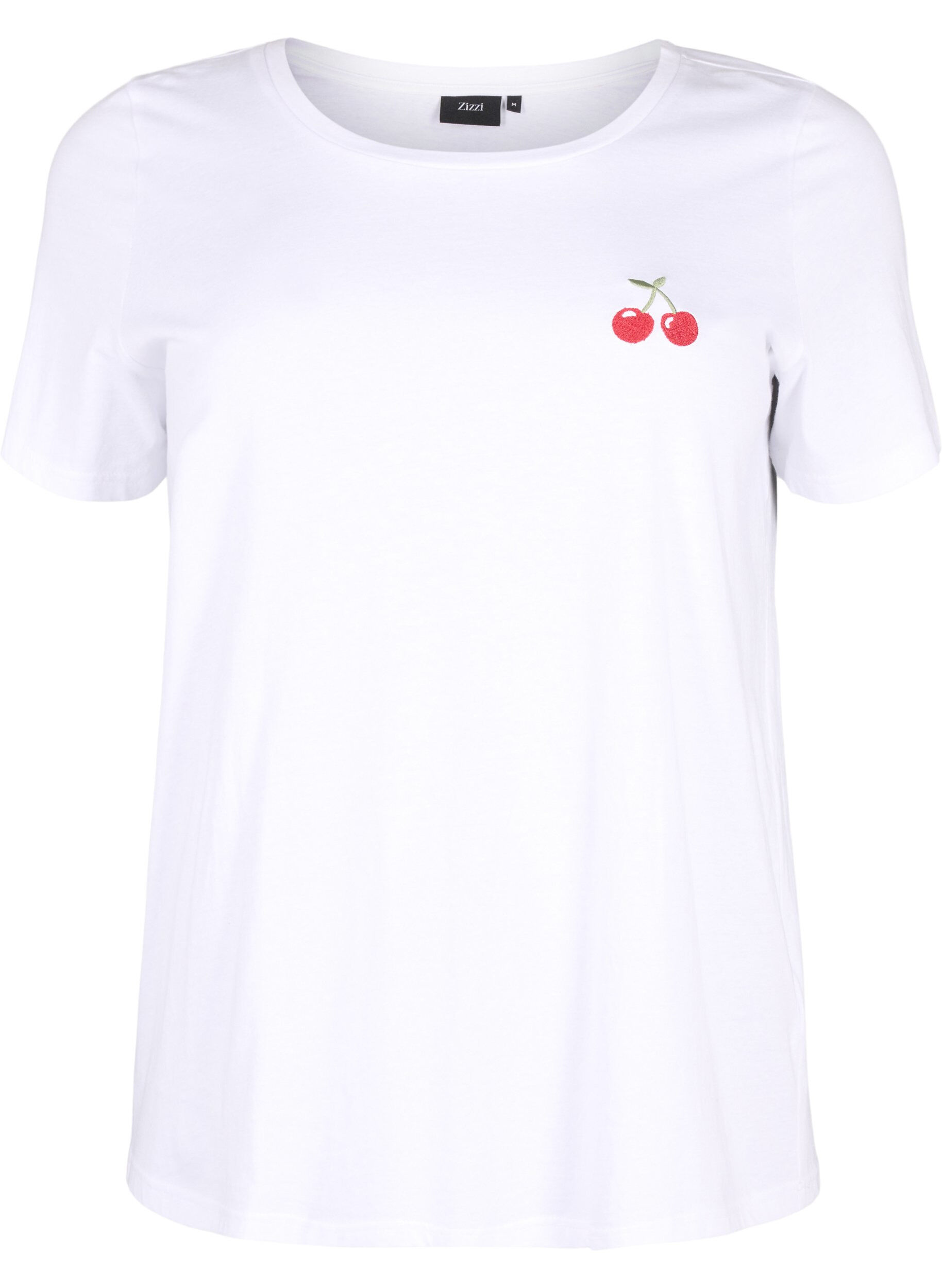 Zizzi Bomulds t-shirt med broderet kirseb&aelig;r, B.White CherryEMB., Packshot image number 0