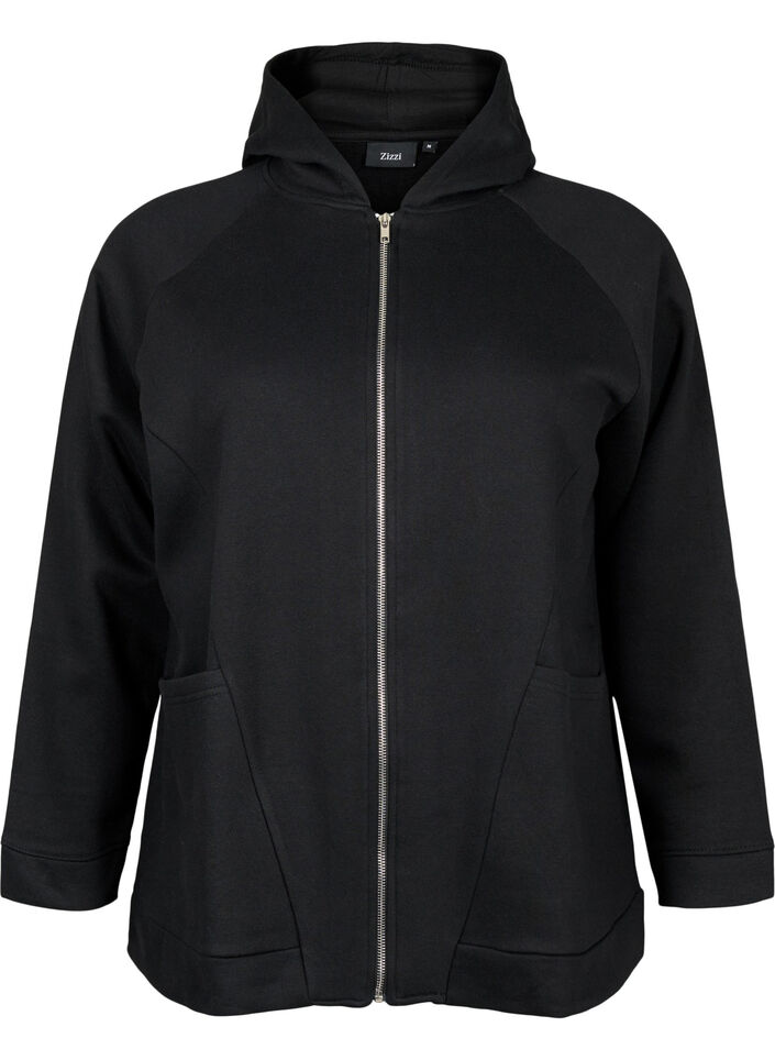 Sweat cardigan med hætte, Black, Packshot image number 0