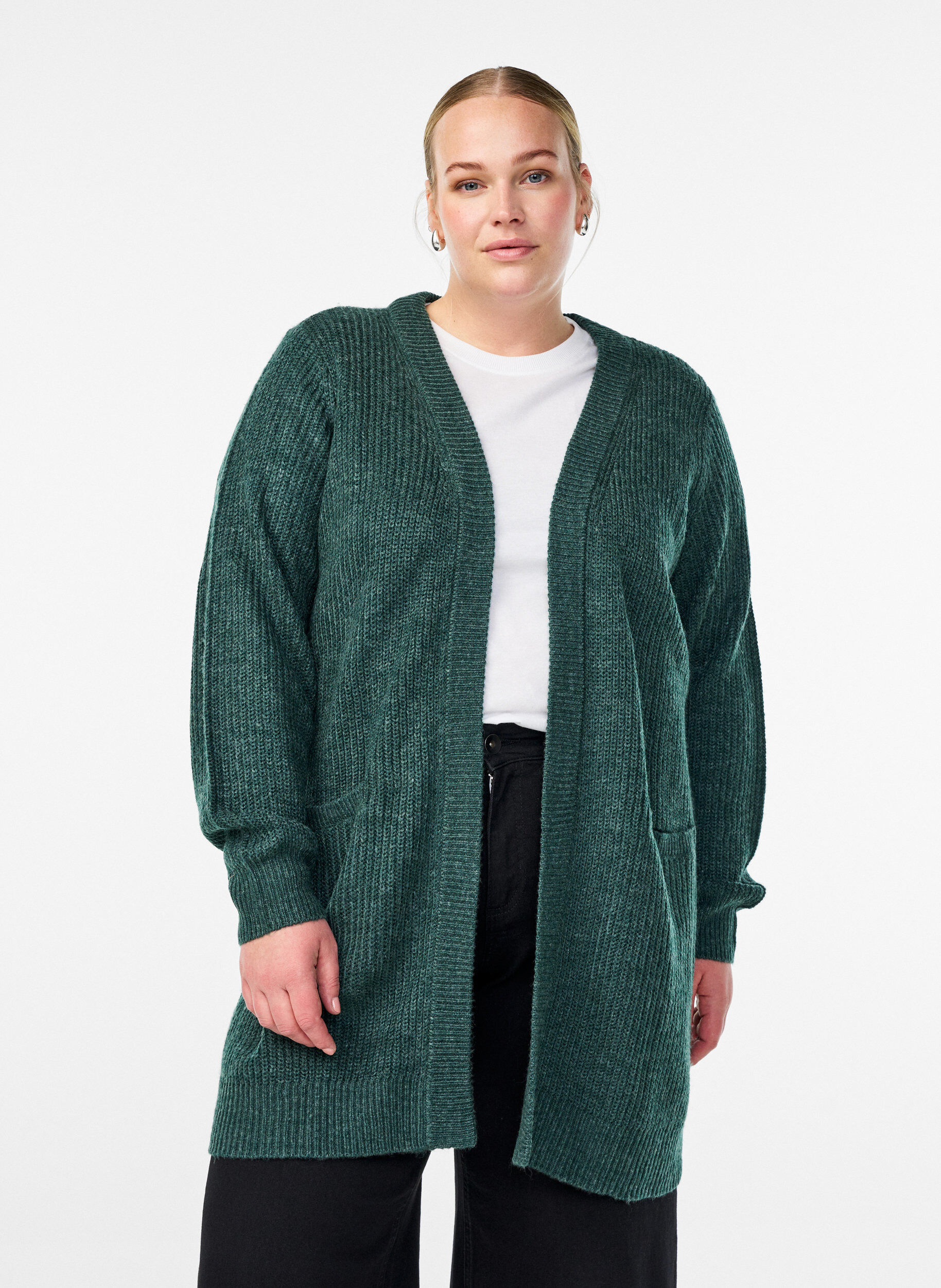 FLASH - Lang ribstrikket cardigan med lommer, Gr&oslash;n, Model