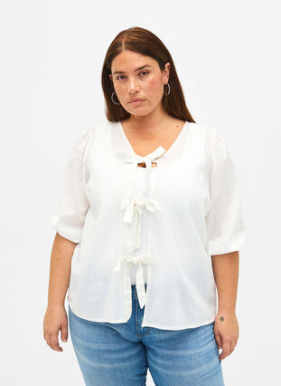 3/4 ærmet bluse i bomuldsmix med hør, Bright White, Model image number 0