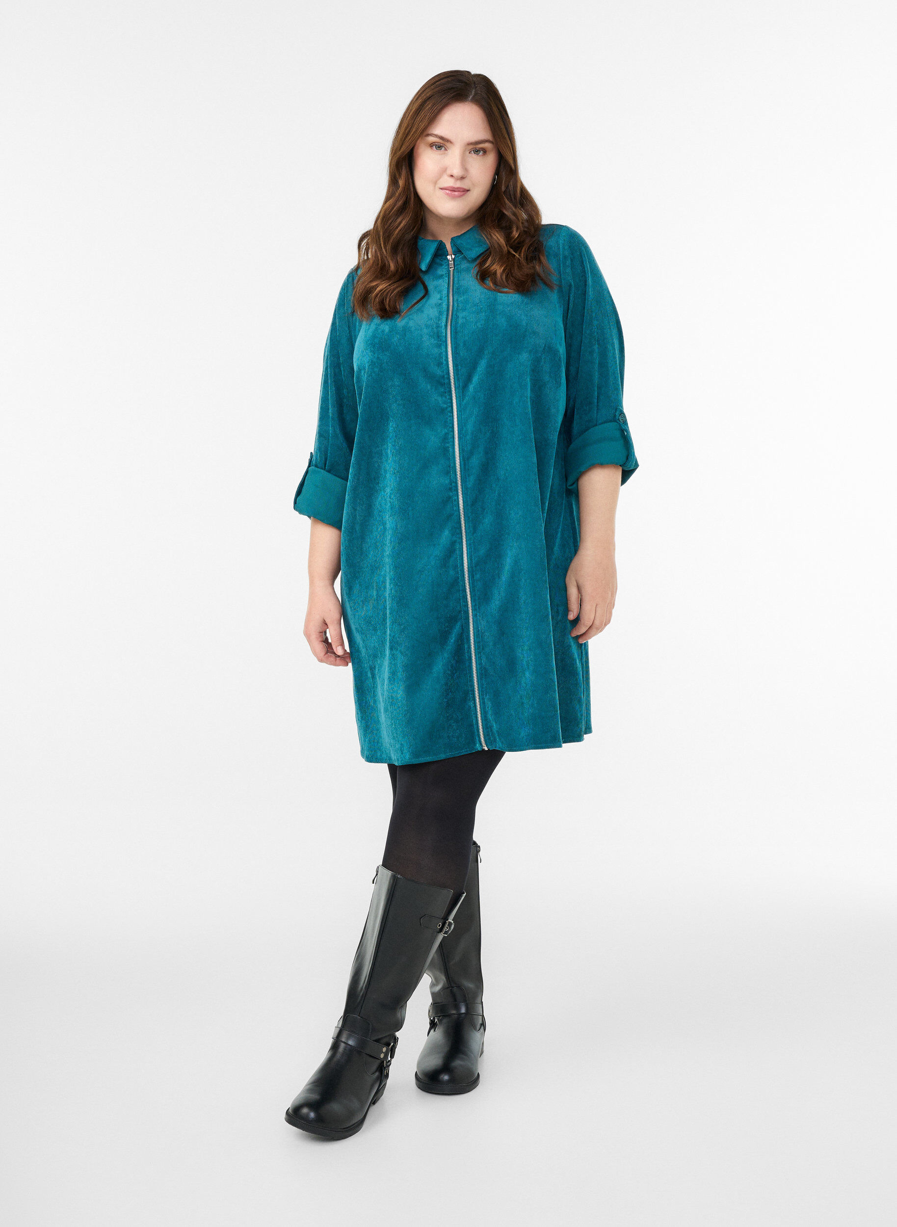 Zizzi Fl&oslash;jlskjole med lynl&aring;s og 3/4 &aelig;rmer, Gr&oslash;n, Model image number 1