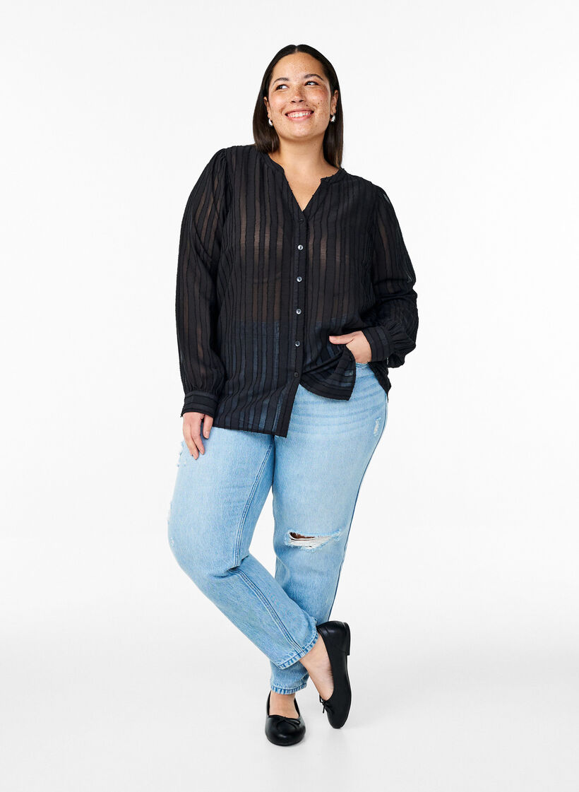 Skjortebluse med transparent striber, Sort, Model image number 1