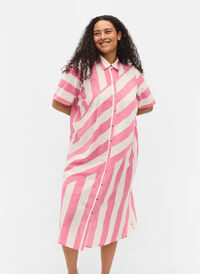 Kortærmet bomulds skjortekjole med striber, Magenta Stripe, Model
