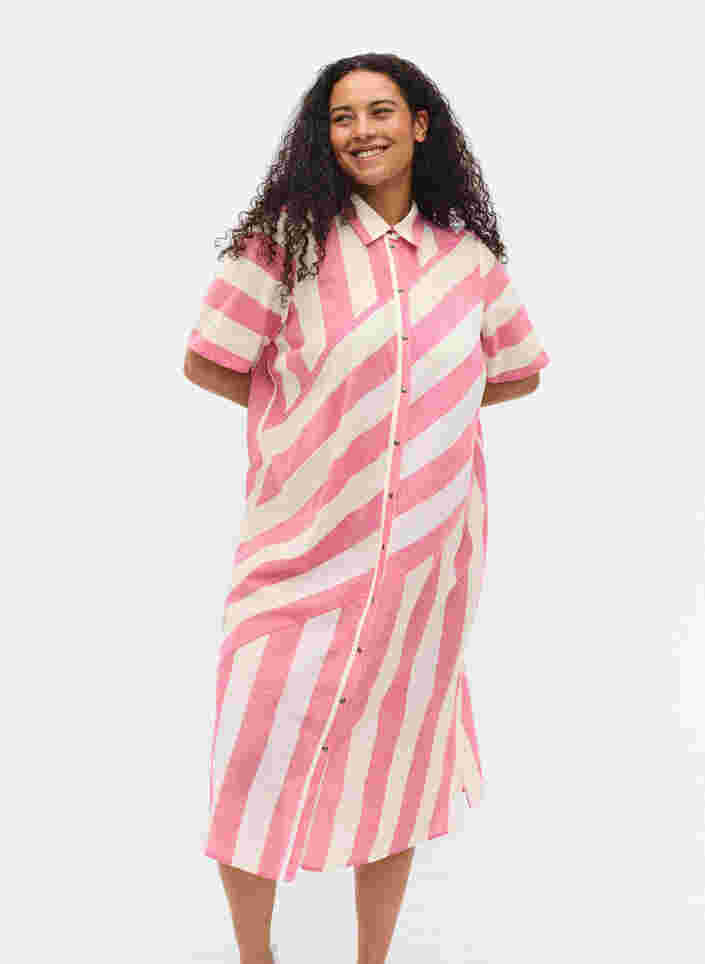 Kortærmet bomulds skjortekjole med striber, Magenta Stripe, Model