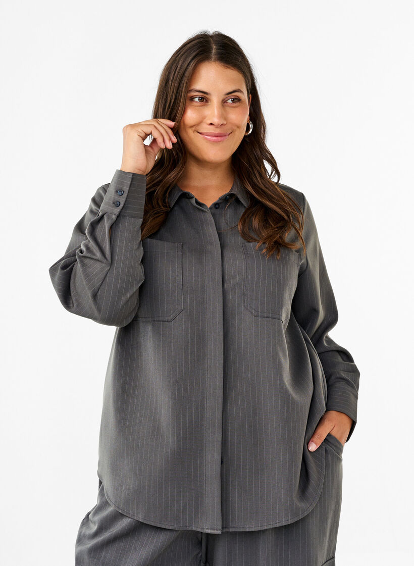 N&aring;lestribet skjorte med krave og brystlommer, Dark Shadow Pin St., Model image number 0