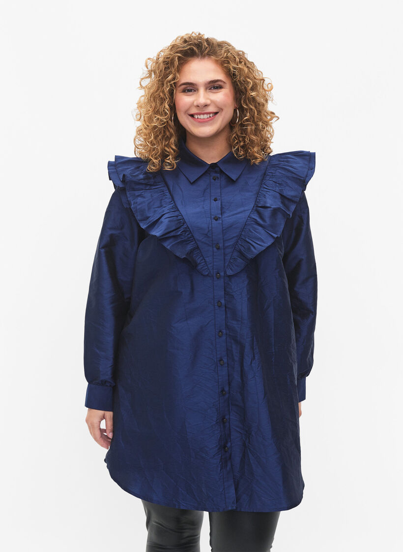 Ensfarvet skjorte med flæsedetalje, Titan, Model image number 0