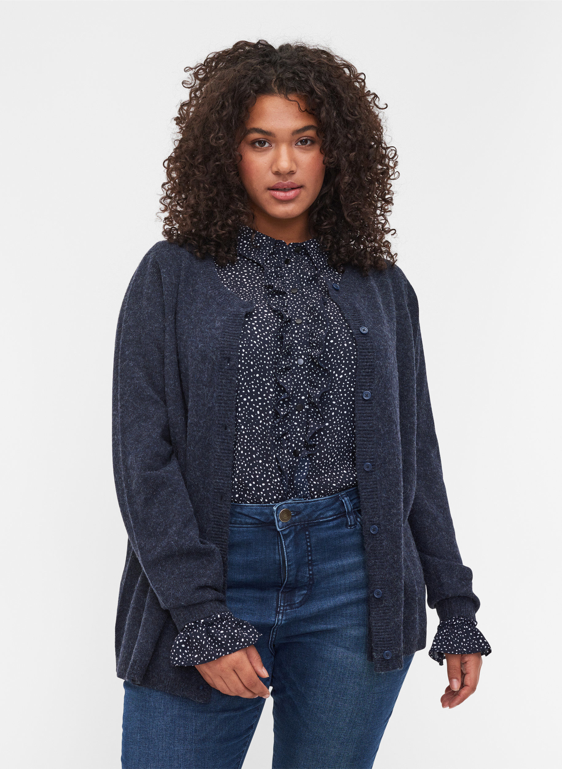 Zizzi Kort meleret strik cardigan med knaplukning, Night Sky Mel., Model image number 0