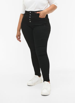 Højtaljede Amy jeans med knapper, Black, Model image number 2