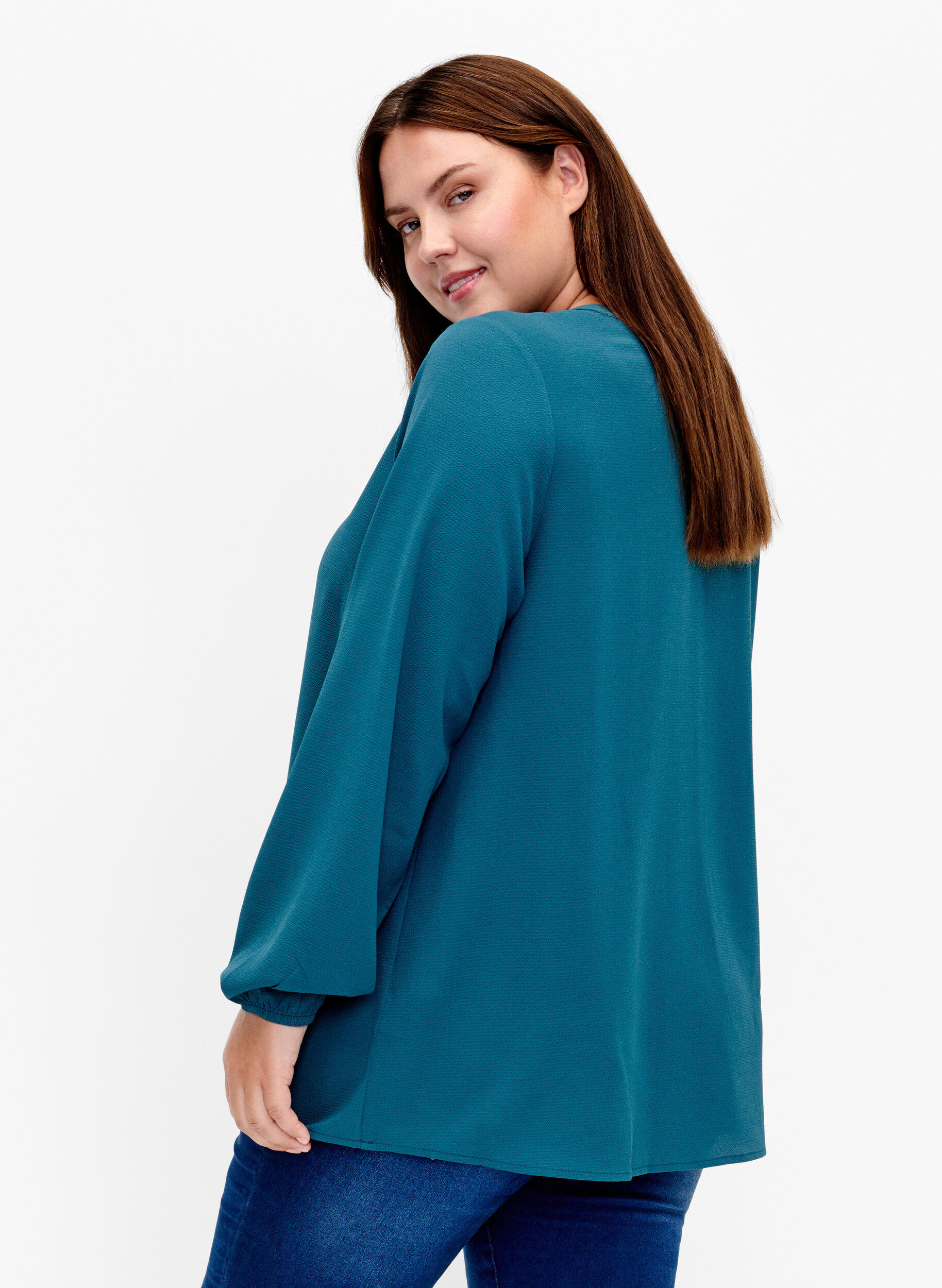 Zizzi Ensfarvet bluse med v-hals, Deep Teal, Model image number 1