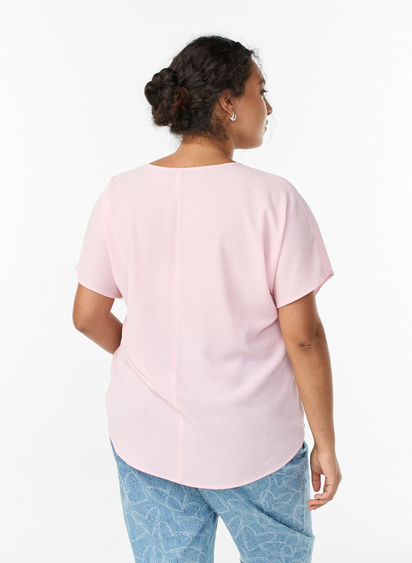 Bluse med korte &aelig;rmer og rund halsudsk&aelig;ring , Lyser&oslash;d, Model image number 2