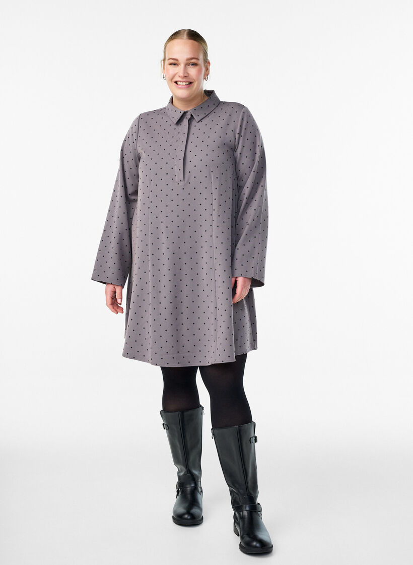 Kort kjole med A-form og lange ærmer, Grå, Model image number 1