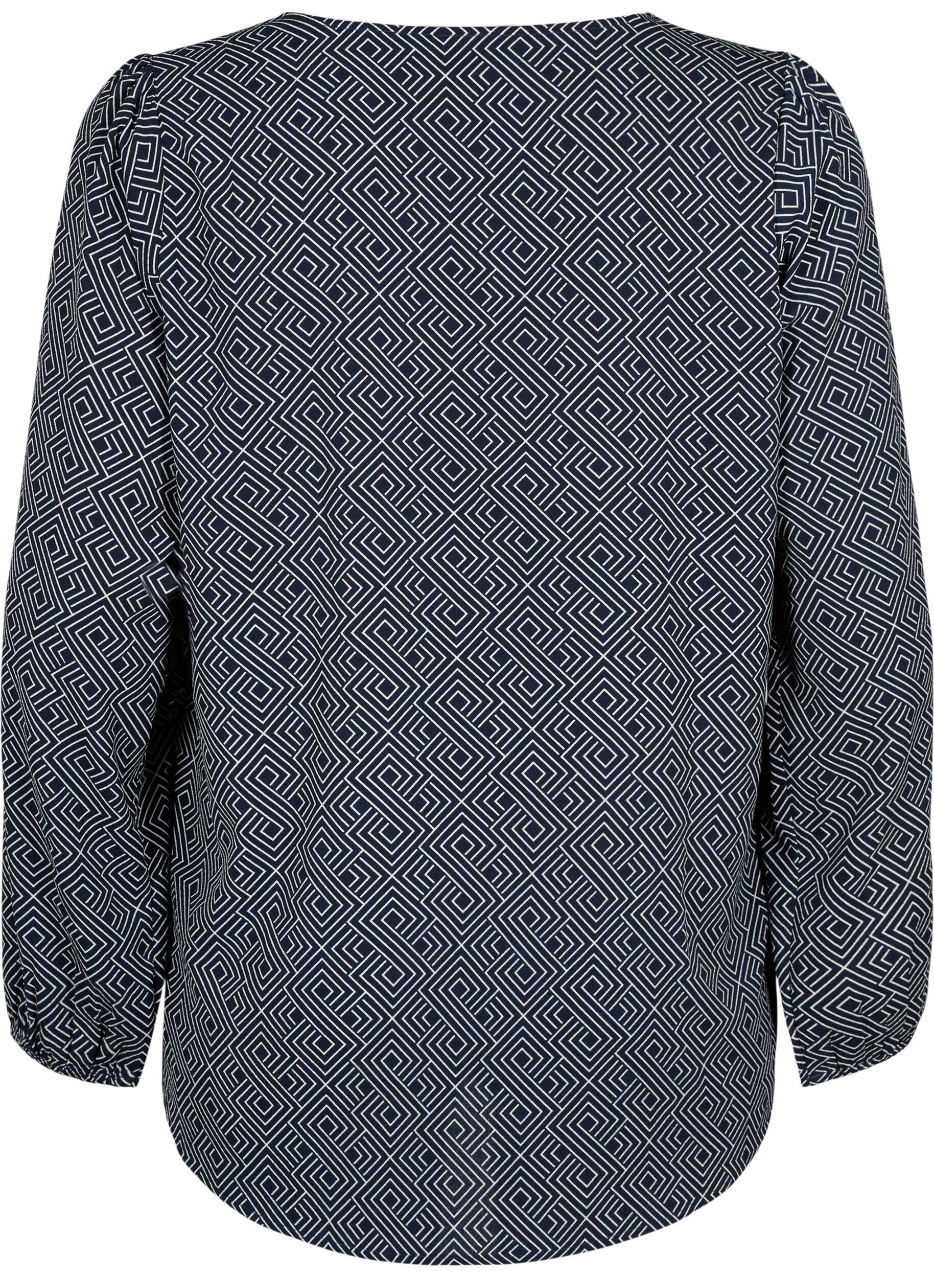 Zizzi Skjortebluse med v-hals og print, Navy Graphic AOP, Packshot image number 1