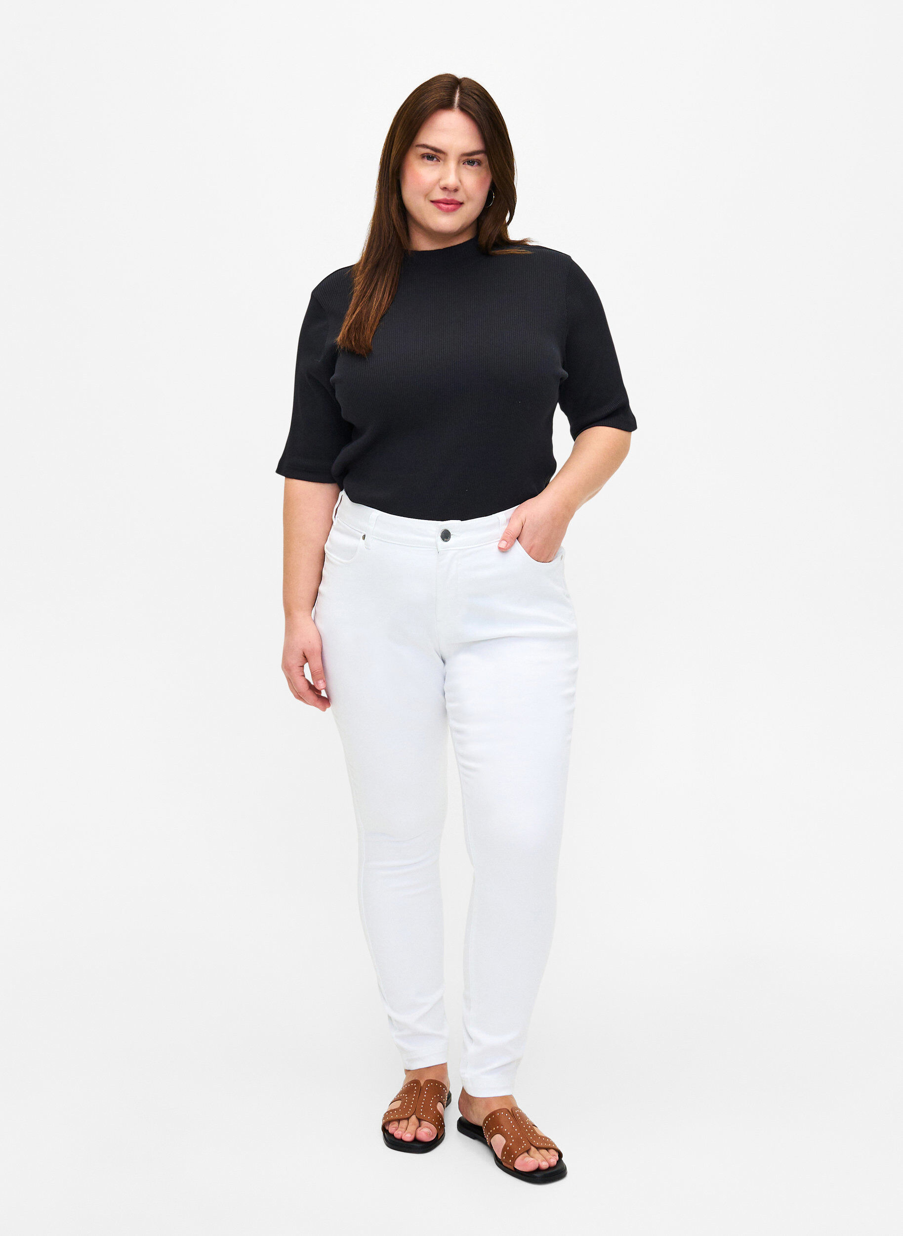 Zizzi Viona jeans med regul&aelig;r talje, Hvid, Model image number 0
