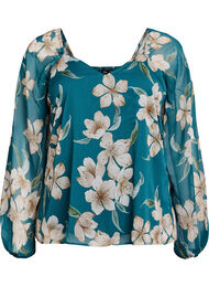 Chiffonbluse med blomster og lange &aelig;rmer , Gr&oslash;n