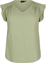 &AElig;rmel&oslash;s top i bomuldsmusselin med fl&aelig;ser, Gr&oslash;n