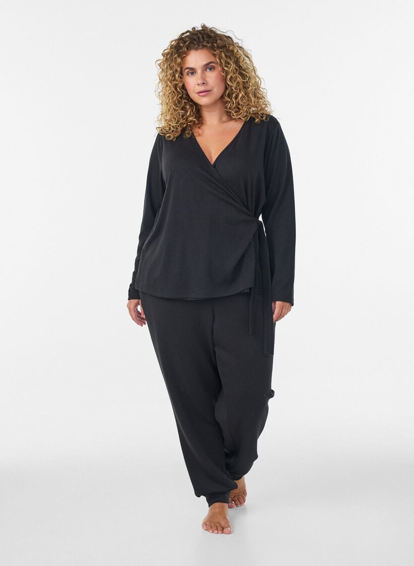Sl&aring;-om bluse i jersey med bindeb&aring;nd, Sort, Model image number 1