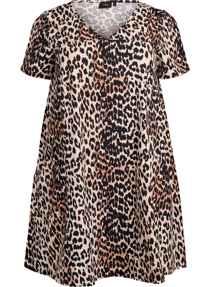 Kort a-shape kjole med leopardprint, Brun, Packshot image number 0