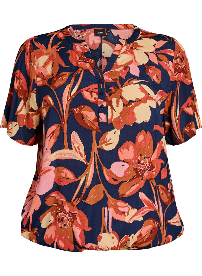 Viskosebluse med blomsterprint og korte &aelig;rmer, Bl&aring;, Packshot image number 0