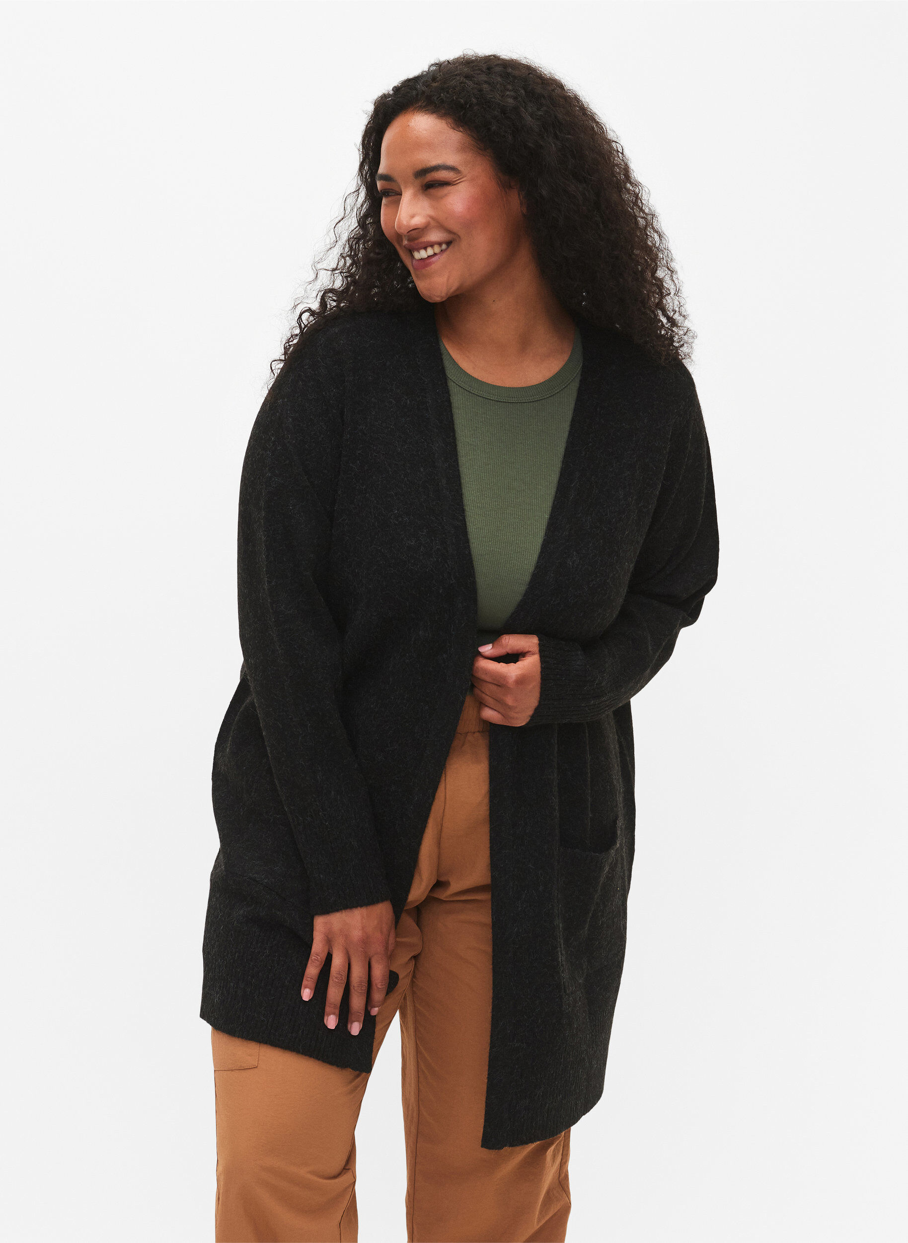 Meleret strik cardigan med lommer, Gr&aring;, Model